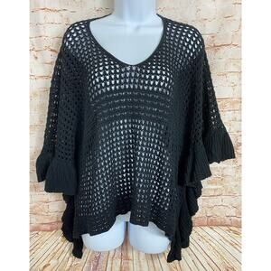 Kensie Black Pullover Crochet Sweater Sz XS Oversized Ruffled Sides Semi Sheer